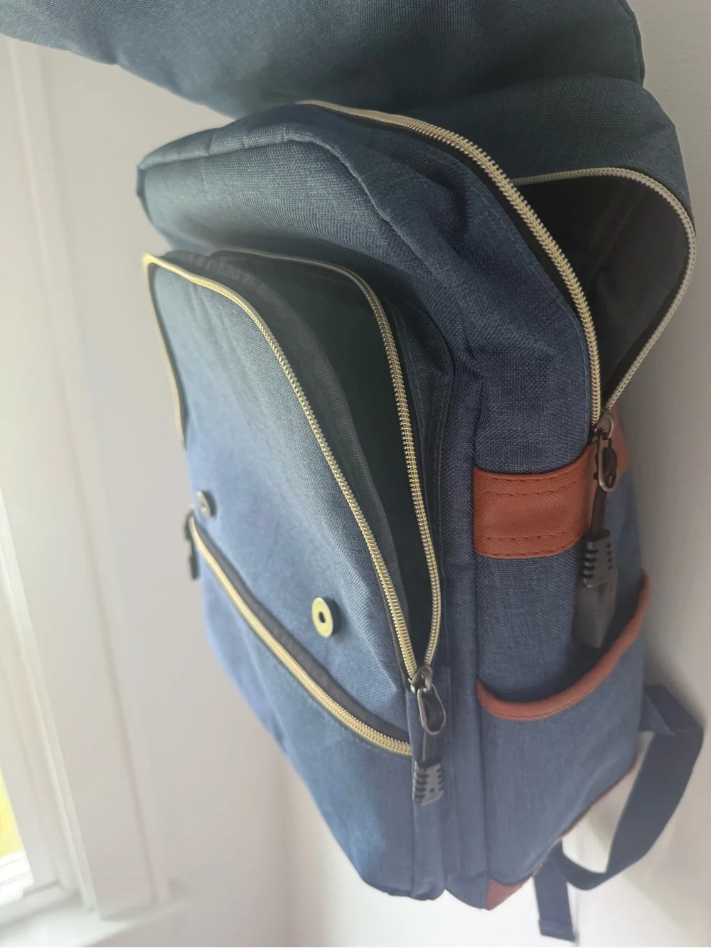 Navy Canvas Backpack with Brown Leather Accents